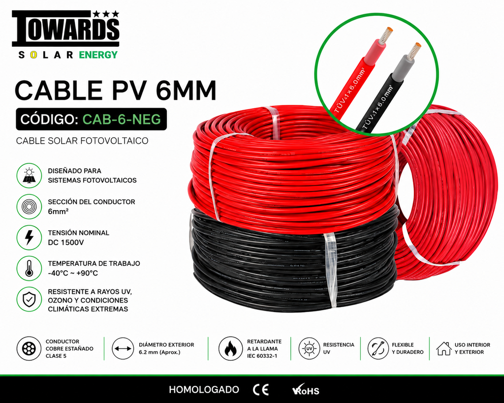 CABLE SOLAR NEGRO PV  6 MM