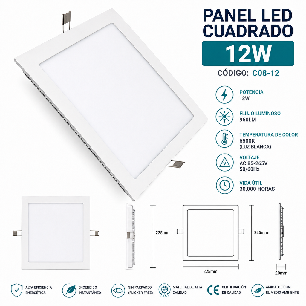 PANEL LED CUADRADO DE PLAFOM 12w